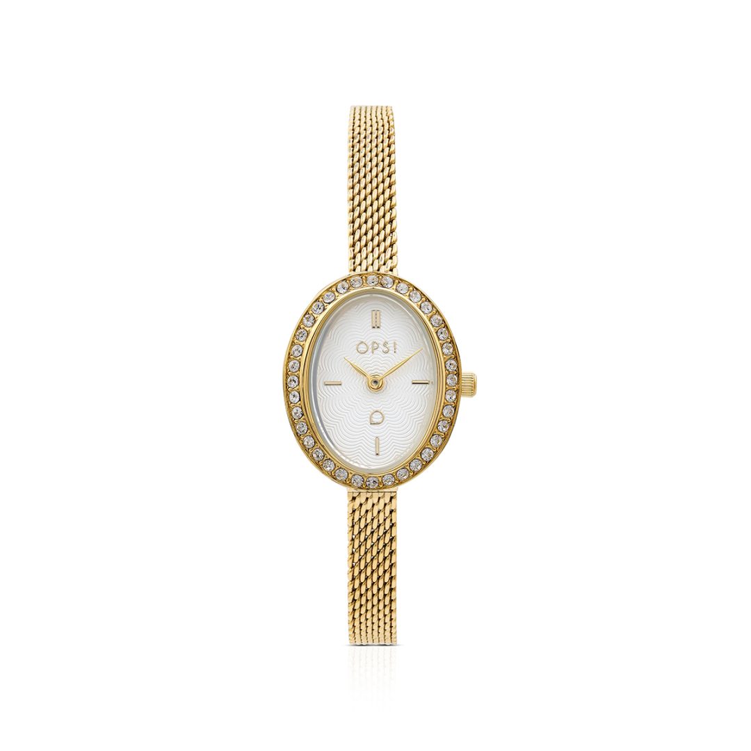 ROYAL OVALIS watch with a metal and crystal case and a metal mesh bracelet.