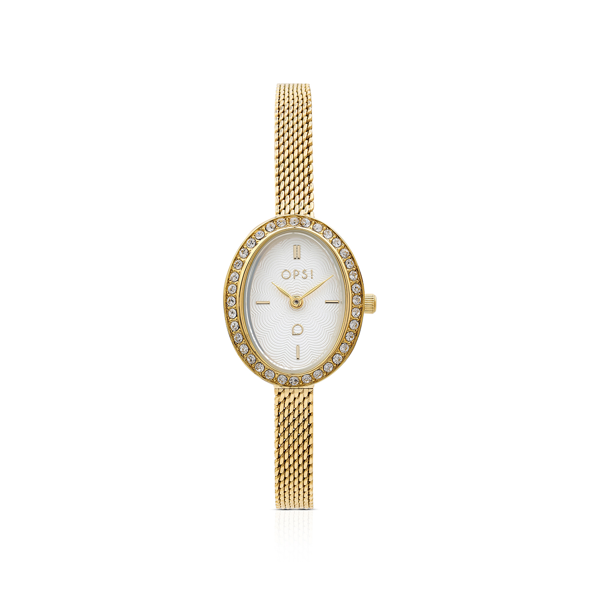 ROYAL OVALIS watch with a metal and crystal case and a metal mesh bracelet.
