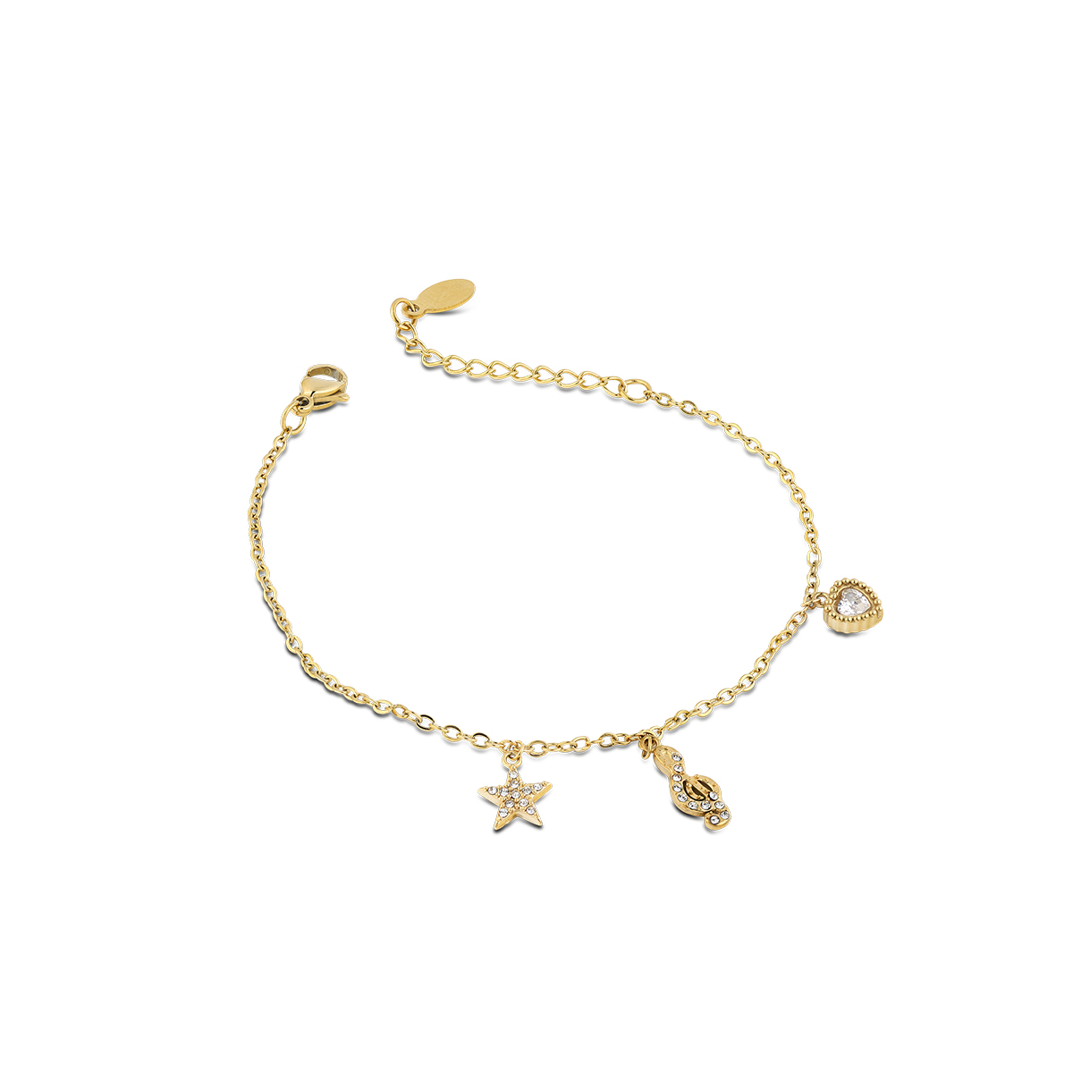 ARIEL bracciale catena con pendenti con cristalli a forma di stella, cuore e chiave di violino