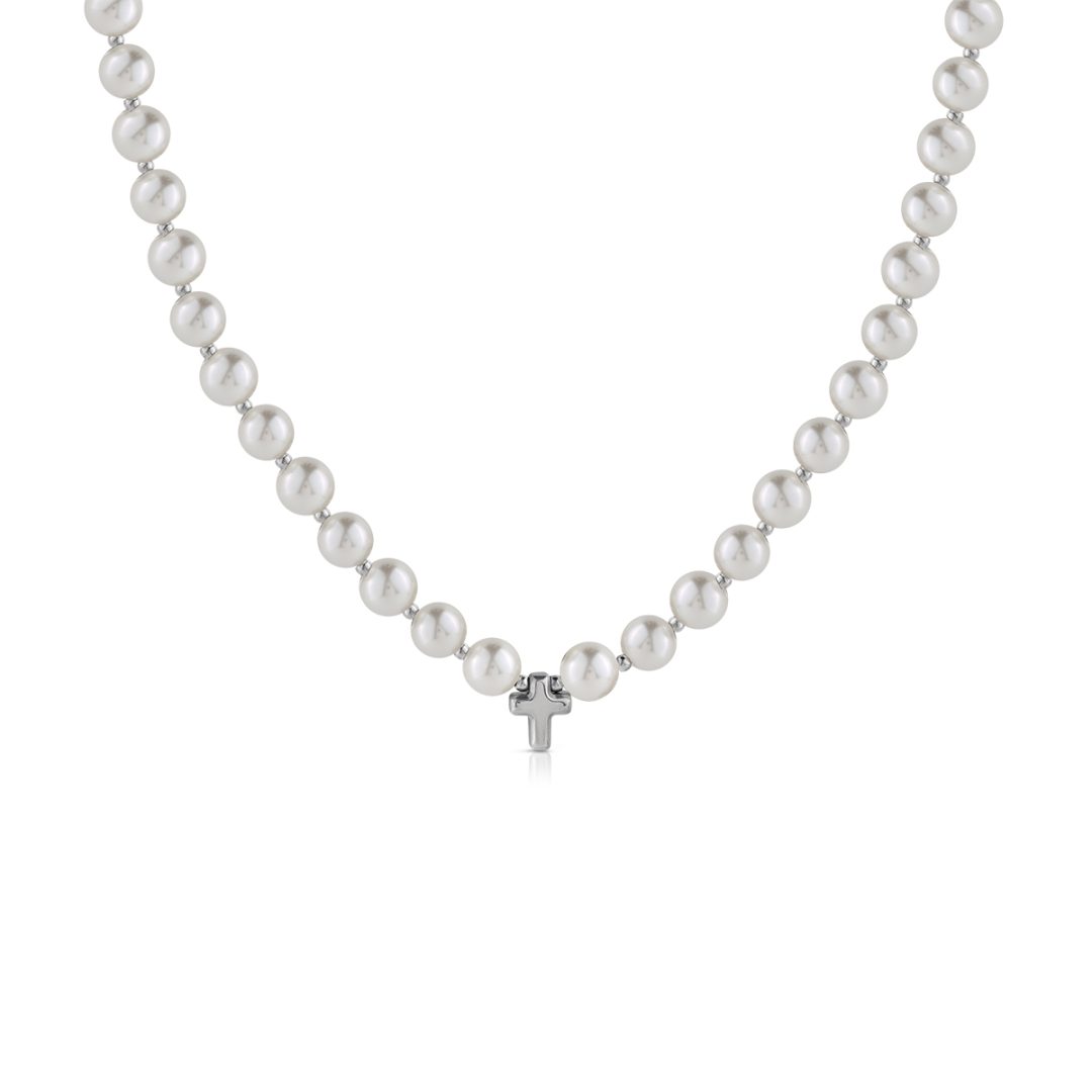 PURE PEARL collana perle bianche con pendente croce piccola