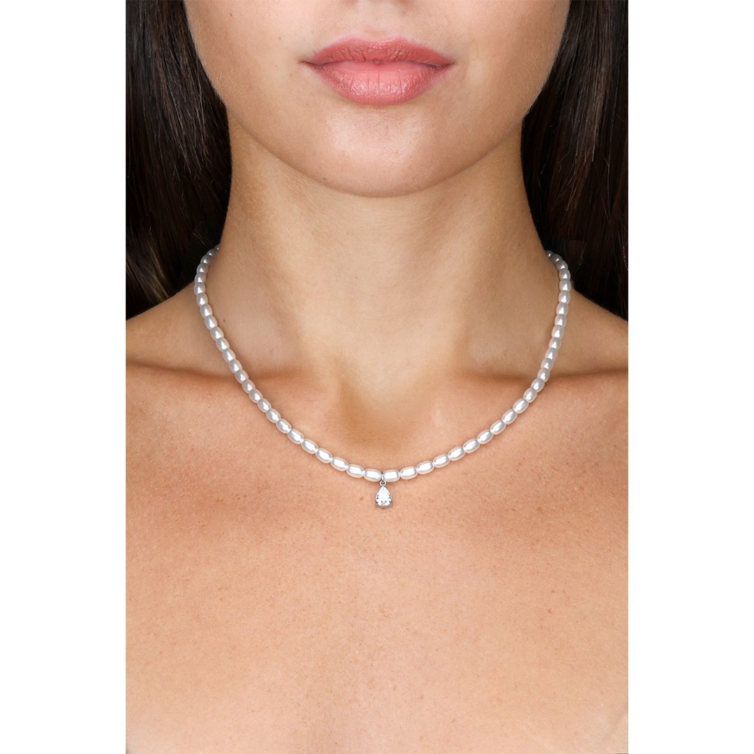 PURE PEARL necklace with oval white pearls and a crystal teardrop pendant - Image 2
