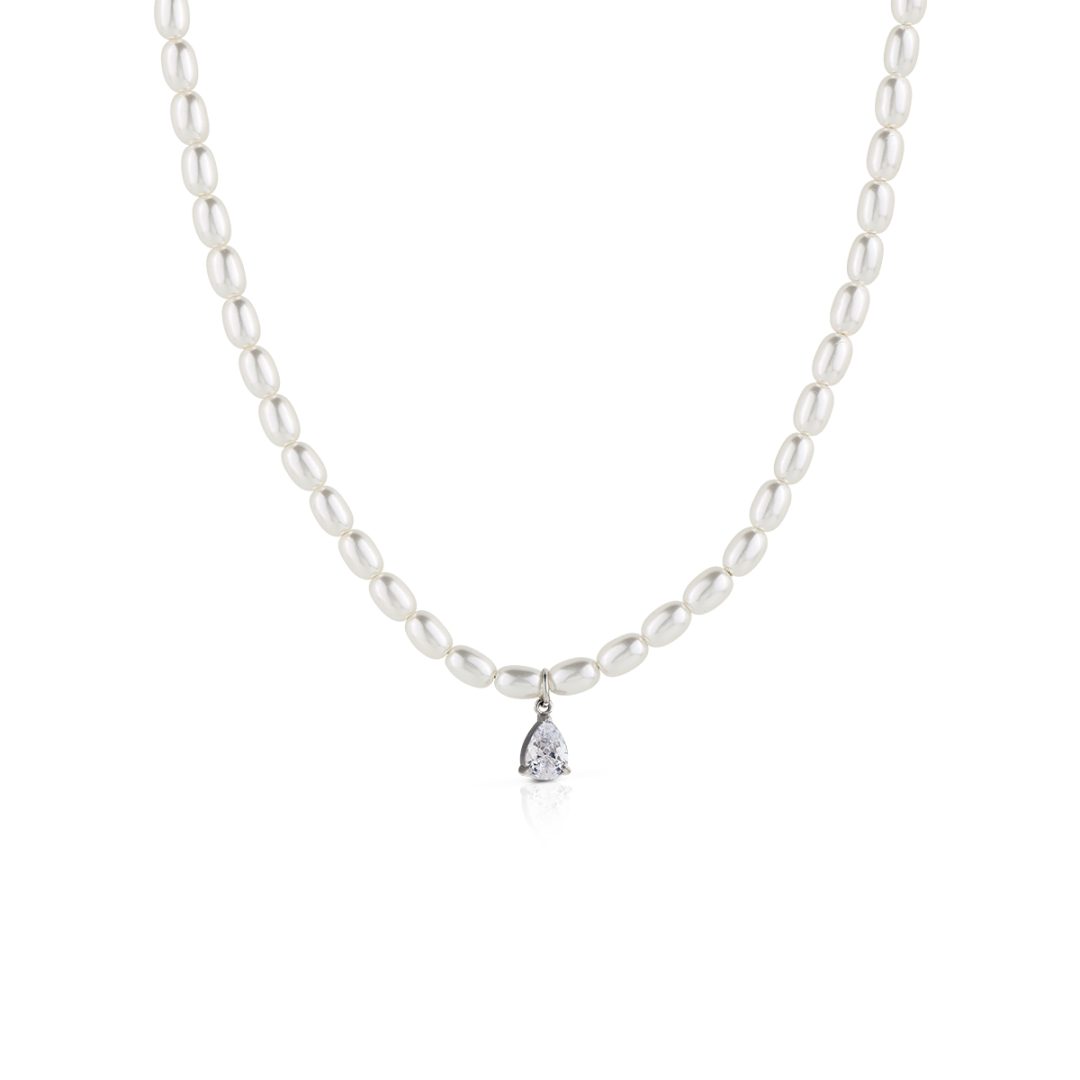 PURE PEARL necklace with oval white pearls and a crystal teardrop pendant