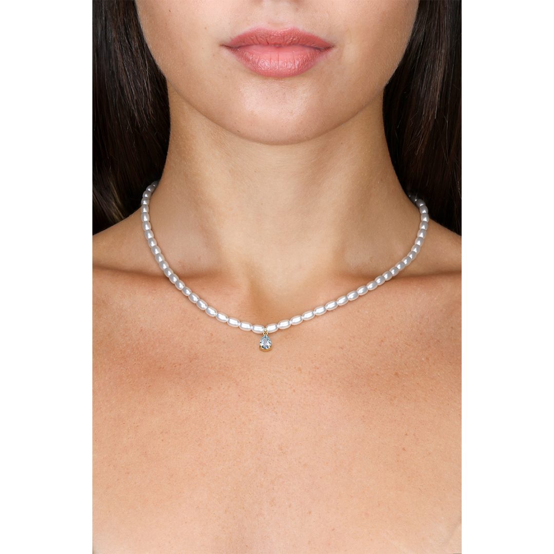 PURE PEARL collana perle bianche ovali e pendente cristallo goccia vari colori - immagine 2
