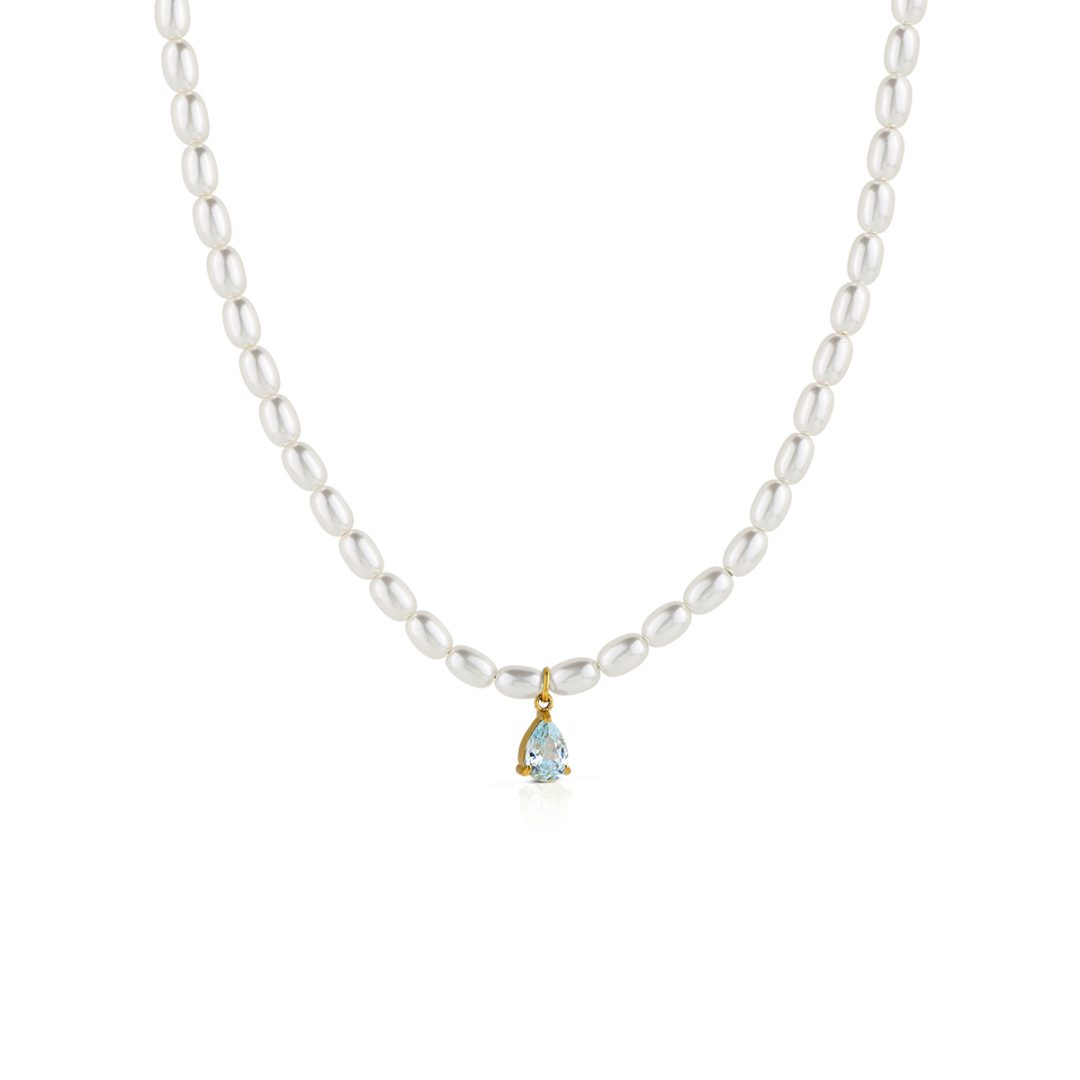 PURE PEARL collana perle bianche ovali e pendente cristallo goccia vari colori